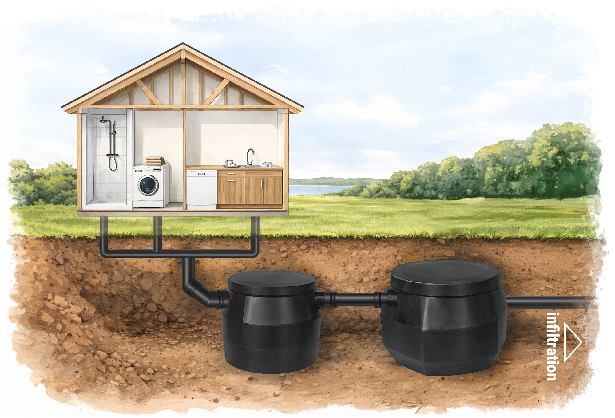 Illustration som visar ledningssystem i ett BDT-avlopp för BDT-rening i sommarstugor och i skärgården, som uppfyller kommunens krav på enskilt avlopp.